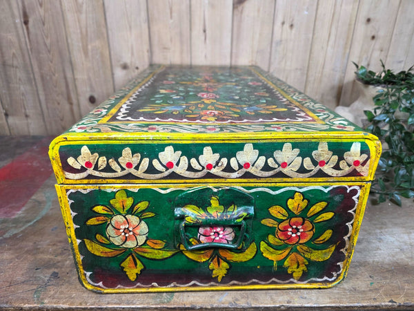 Vintage Indian Hand Painted Metal Tin Railway Travel Storage Chest Trunk