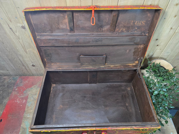Vintage Indian Hand Painted Metal Tin Railway Travel Storage Chest Trunk