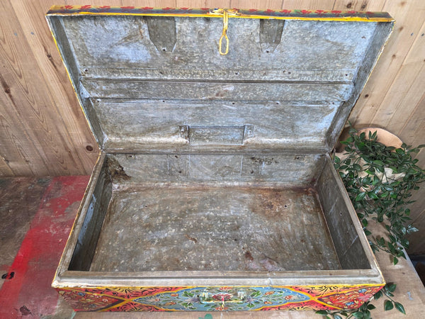 Vintage Indian Hand Painted Metal Tin Railway Travel Storage Chest Trunk