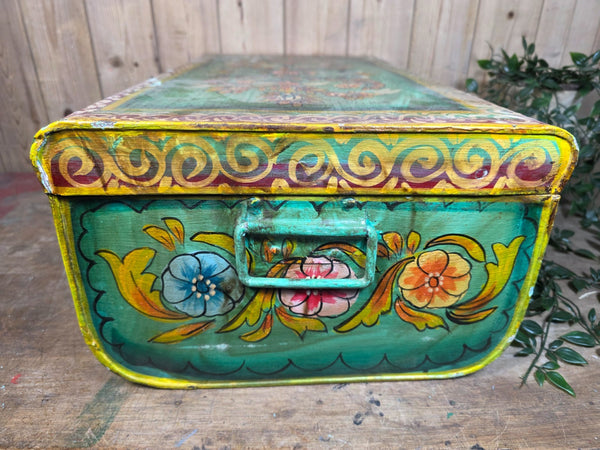 Vintage Indian Hand Painted Metal Tin Railway Travel Storage Chest Trunk