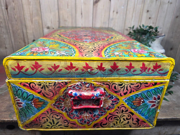 Vintage Indian Hand Painted Metal Tin Railway Travel Storage Chest Trunk