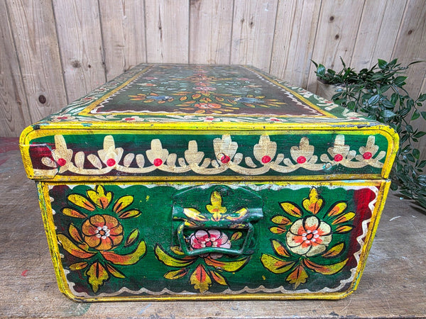 Vintage Indian Hand Painted Metal Tin Railway Travel Storage Chest Trunk