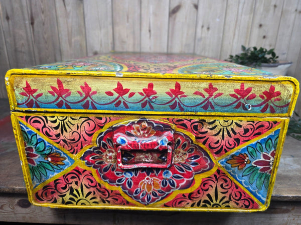 Vintage Indian Hand Painted Metal Tin Railway Travel Storage Chest Trunk