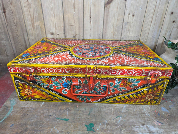 Vintage Indian Hand Painted Metal Tin Railway Travel Storage Chest Trunk