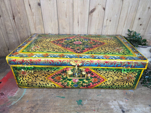 Vintage Indian Hand Painted Metal Tin Railway Travel Storage Chest Trunk