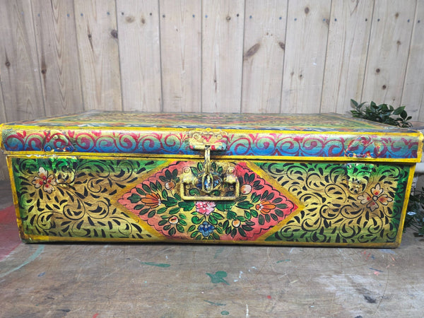 Vintage Indian Hand Painted Metal Tin Railway Travel Storage Chest Trunk