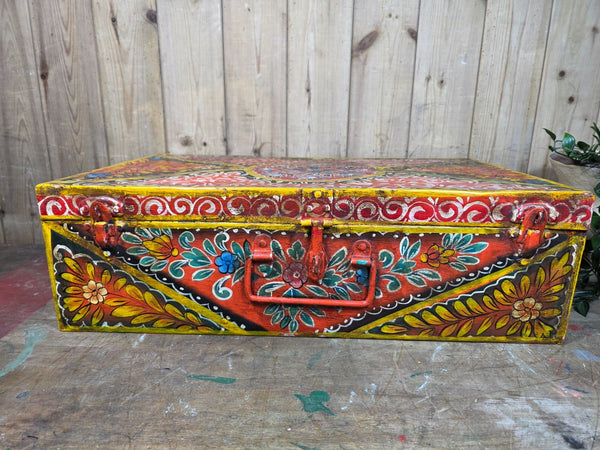 Vintage Indian Hand Painted Metal Tin Railway Travel Storage Chest Trunk