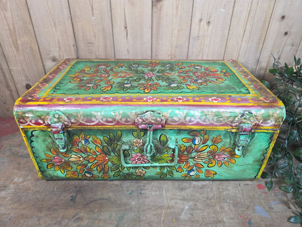 Vintage Indian Hand Painted Metal Tin Railway Travel Storage Chest Trunk