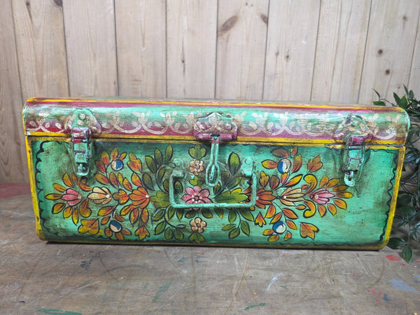 Vintage Indian Hand Painted Metal Tin Railway Travel Storage Chest Trunk