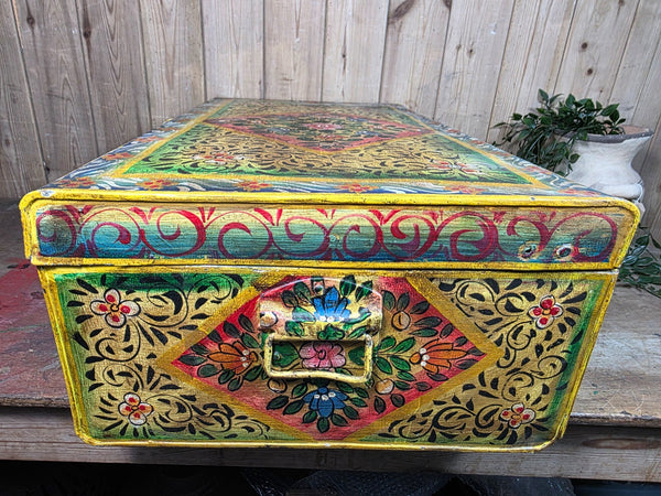 Vintage Indian Hand Painted Metal Tin Railway Travel Storage Chest Trunk