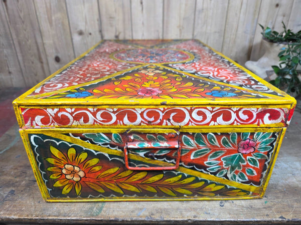 Vintage Indian Hand Painted Metal Tin Railway Travel Storage Chest Trunk