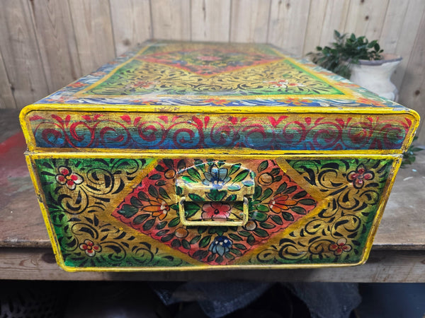 Vintage Indian Hand Painted Metal Tin Railway Travel Storage Chest Trunk