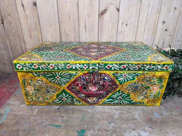 Vintage Indian Hand Painted Metal Tin Railway Travel Storage Chest Trunk