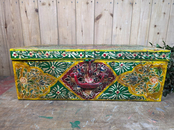 Vintage Indian Hand Painted Metal Tin Railway Travel Storage Chest Trunk