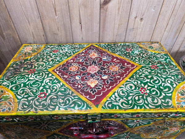 Vintage Indian Hand Painted Metal Tin Railway Travel Storage Chest Trunk