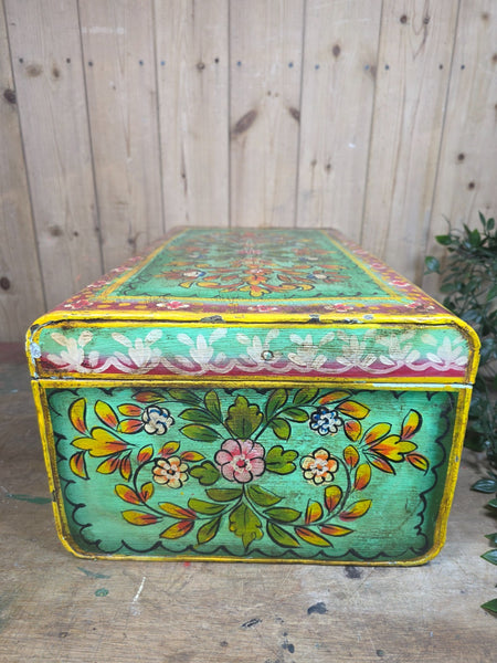 Vintage Indian Hand Painted Metal Tin Railway Travel Storage Chest Trunk
