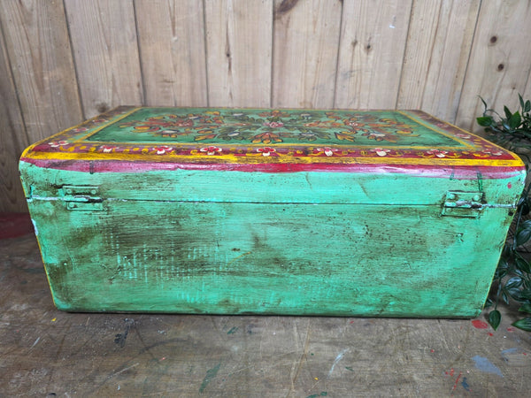 Vintage Indian Hand Painted Metal Tin Railway Travel Storage Chest Trunk