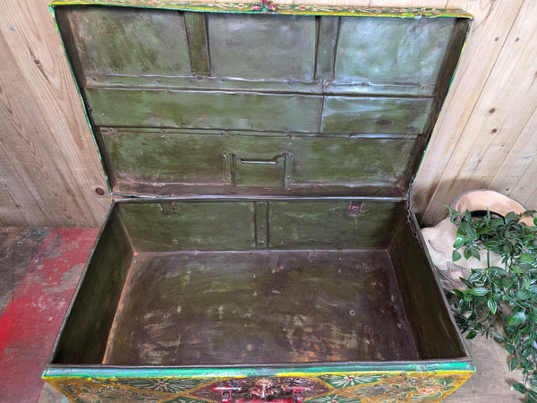 Vintage Indian Hand Painted Metal Tin Railway Travel Storage Chest Trunk