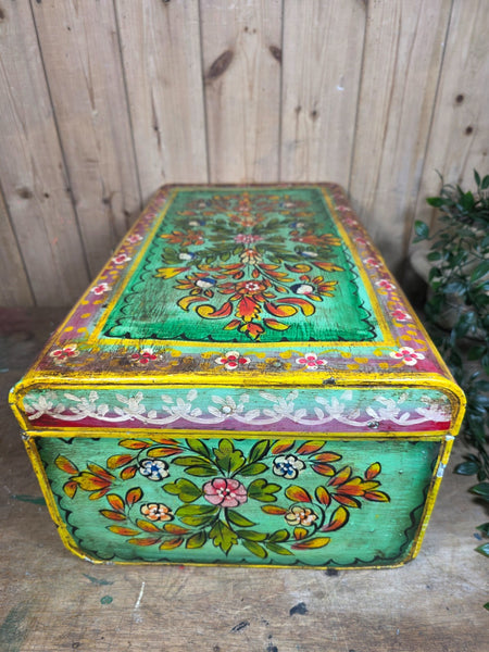 Vintage Indian Hand Painted Metal Tin Railway Travel Storage Chest Trunk