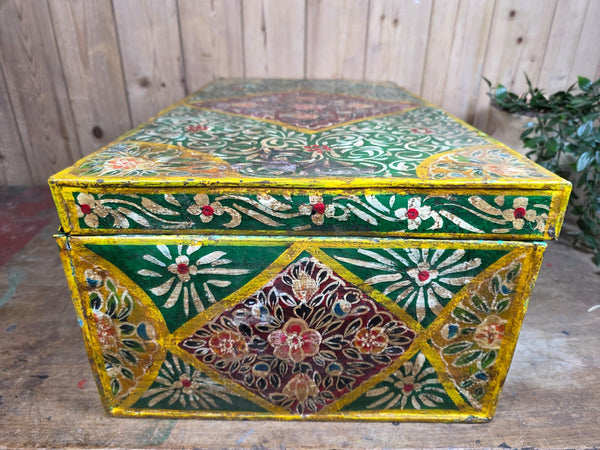 Vintage Indian Hand Painted Metal Tin Railway Travel Storage Chest Trunk