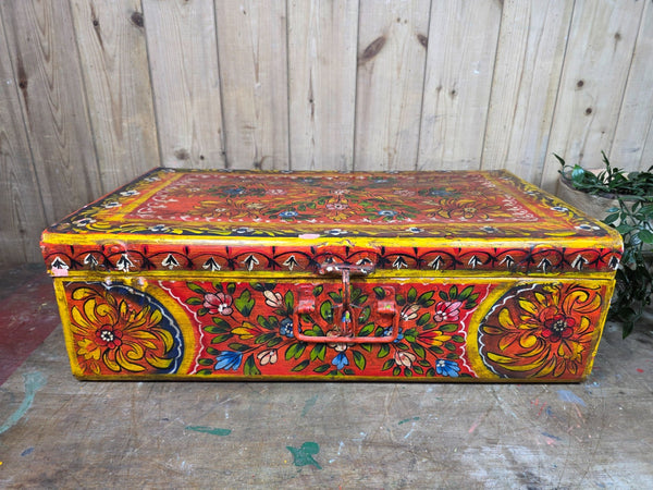 Vintage Indian Hand Painted Metal Tin Railway Travel Storage Chest Trunk