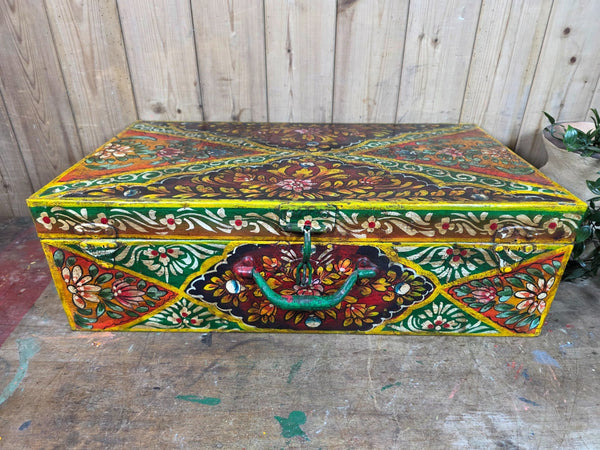 Vintage Indian Hand Painted Metal Tin Railway Travel Storage Chest Trunk