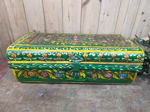 Vintage Indian Hand Painted Metal Tin Railway Travel Storage Chest Trunk