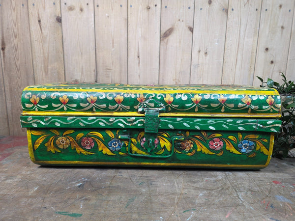 Vintage Indian Hand Painted Metal Tin Railway Travel Storage Chest Trunk