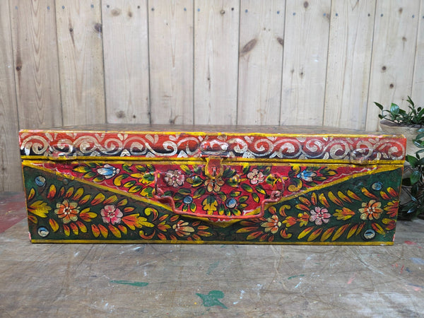 Vintage Indian Hand Painted Metal Tin Railway Travel Storage Chest Trunk