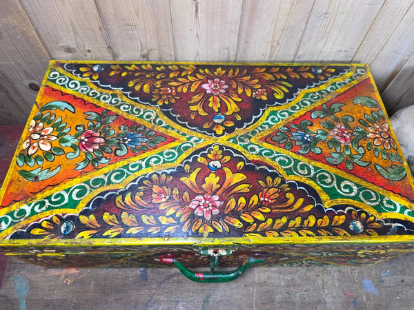 Vintage Indian Hand Painted Metal Tin Railway Travel Storage Chest Trunk