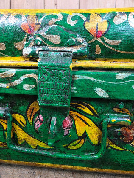 Vintage Indian Hand Painted Metal Tin Railway Travel Storage Chest Trunk