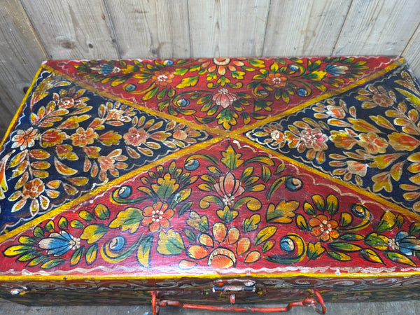 Vintage Indian Hand Painted Metal Tin Railway Travel Storage Chest Trunk