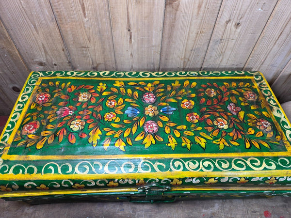 Vintage Indian Hand Painted Metal Tin Railway Travel Storage Chest Trunk