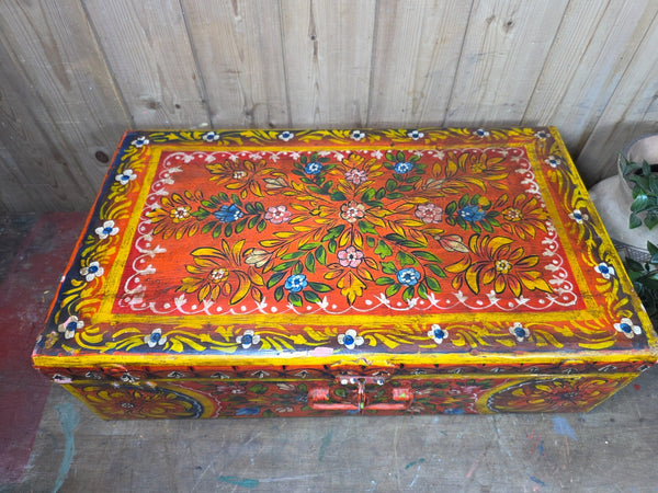 Vintage Indian Hand Painted Metal Tin Railway Travel Storage Chest Trunk