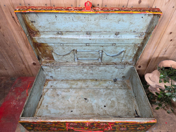 Vintage Indian Hand Painted Metal Tin Railway Travel Storage Chest Trunk