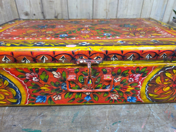 Vintage Indian Hand Painted Metal Tin Railway Travel Storage Chest Trunk
