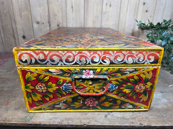 Vintage Indian Hand Painted Metal Tin Railway Travel Storage Chest Trunk