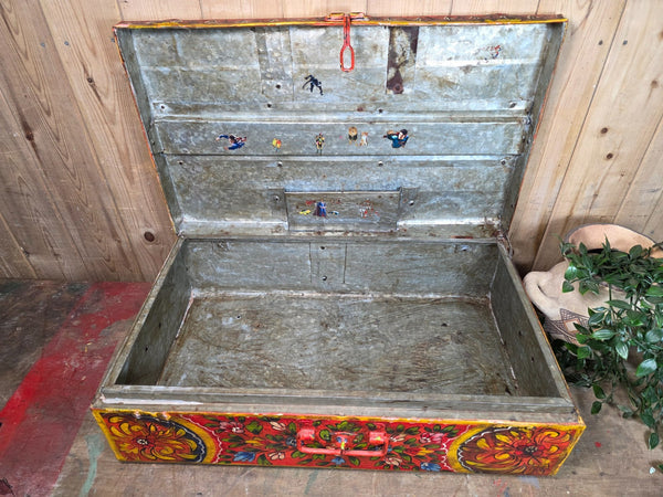Vintage Indian Hand Painted Metal Tin Railway Travel Storage Chest Trunk