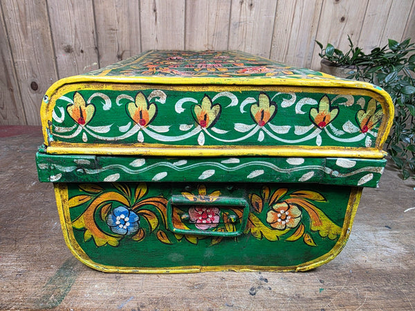 Vintage Indian Hand Painted Metal Tin Railway Travel Storage Chest Trunk
