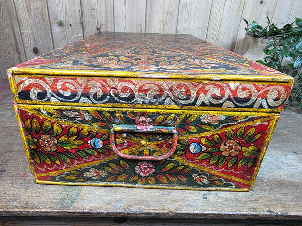 Vintage Indian Hand Painted Metal Tin Railway Travel Storage Chest Trunk