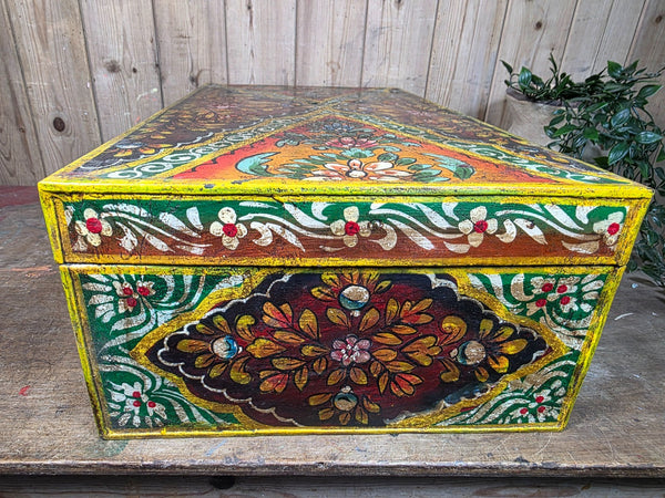 Vintage Indian Hand Painted Metal Tin Railway Travel Storage Chest Trunk
