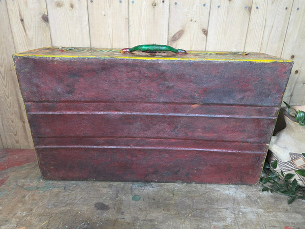 Vintage Indian Hand Painted Metal Tin Railway Travel Storage Chest Trunk