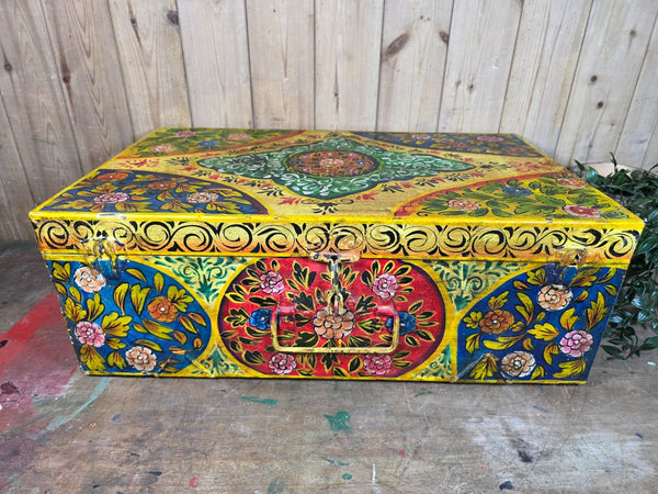 Vintage Indian Hand Painted Metal Tin Railway Travel Storage Chest Trunk