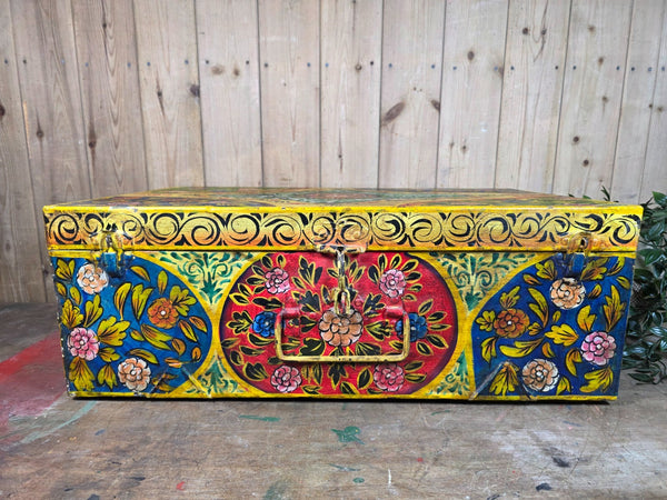 Vintage Indian Hand Painted Metal Tin Railway Travel Storage Chest Trunk