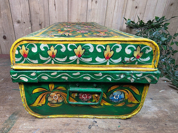 Vintage Indian Hand Painted Metal Tin Railway Travel Storage Chest Trunk