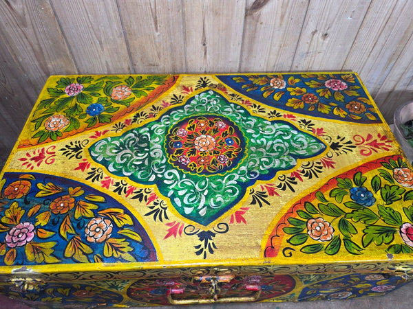 Vintage Indian Hand Painted Metal Tin Railway Travel Storage Chest Trunk