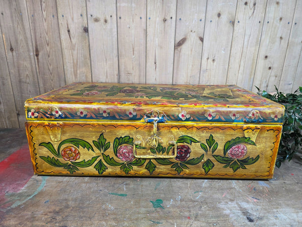 Vintage Indian Hand Painted Metal Tin Railway Travel Storage Chest Trunk