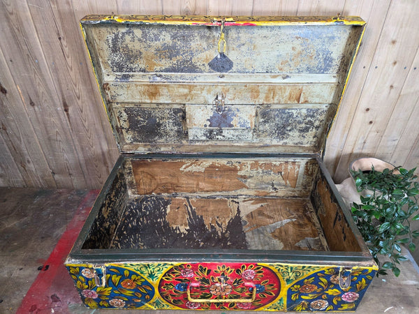 Vintage Indian Hand Painted Metal Tin Railway Travel Storage Chest Trunk