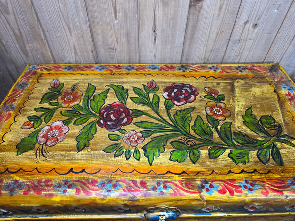Vintage Indian Hand Painted Metal Tin Railway Travel Storage Chest Trunk
