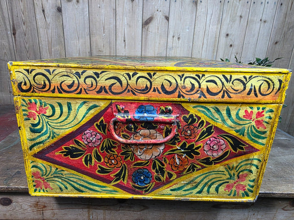 Vintage Indian Hand Painted Metal Tin Railway Travel Storage Chest Trunk